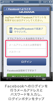 Facebookへのログインを行うメールアドレスとパスワードを入力し、ログインボタンをタップ